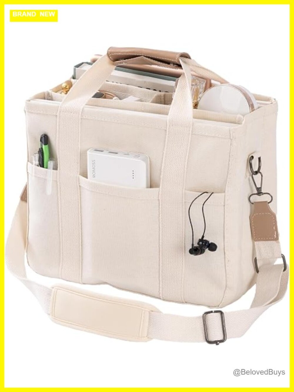 Canvas Tote Bag with Multi Pockets Crossbody Handbag Everything Tote